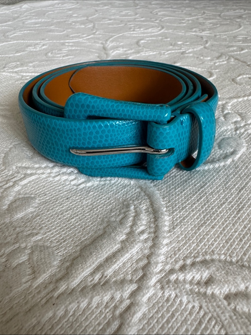 Lauren Ralph Lauren Turquoise Textured Genuine Leather Belt with Silver Buckle